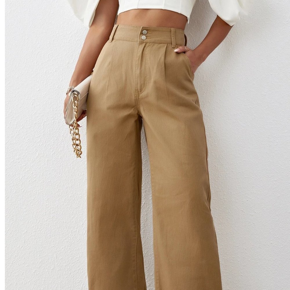 Khaki Plain Womens High Waist Wide Leg Jeans - Picture 4 of 5